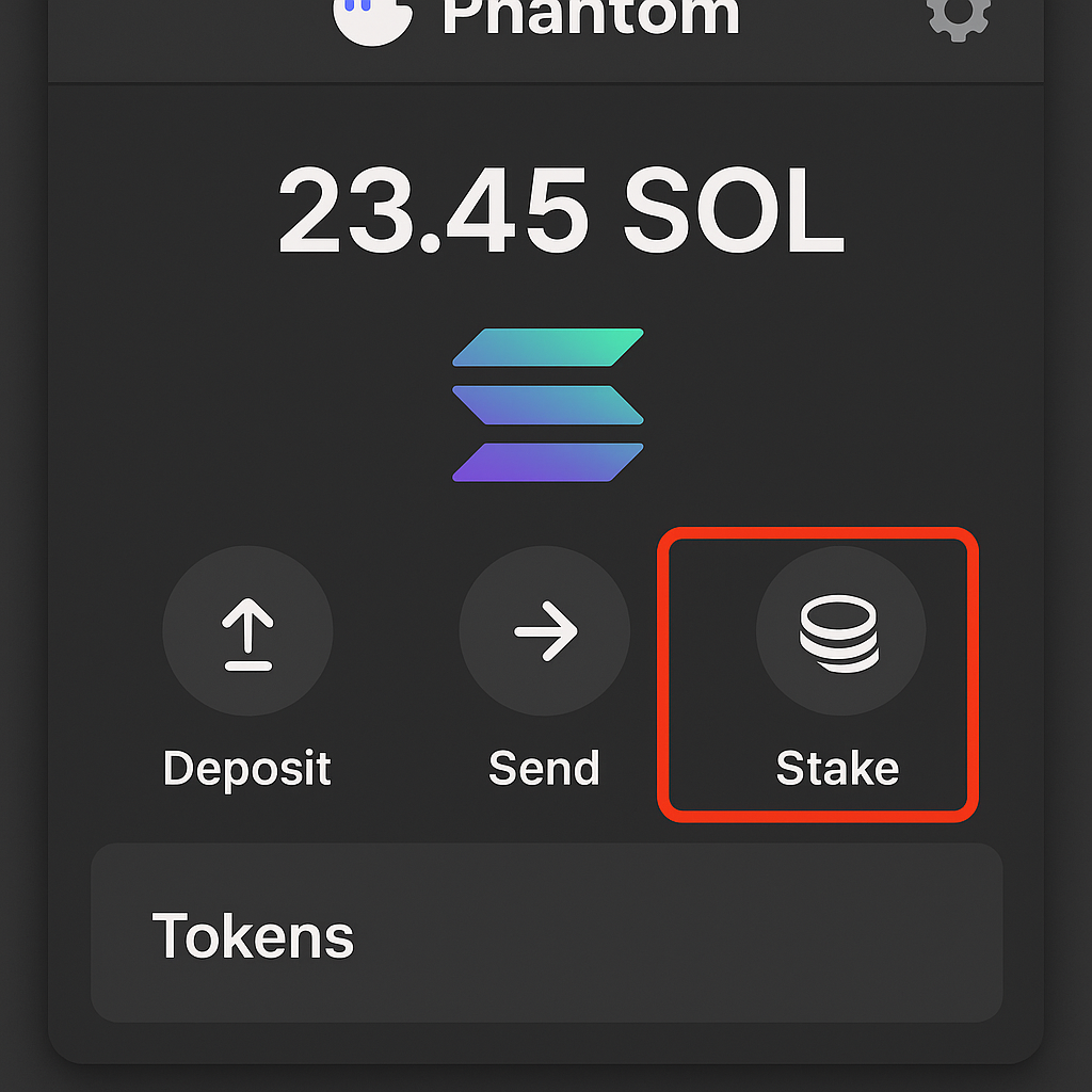 Phantom wallet interface highlighting the staking or earn SOL button, clear UI elements, Solana branding