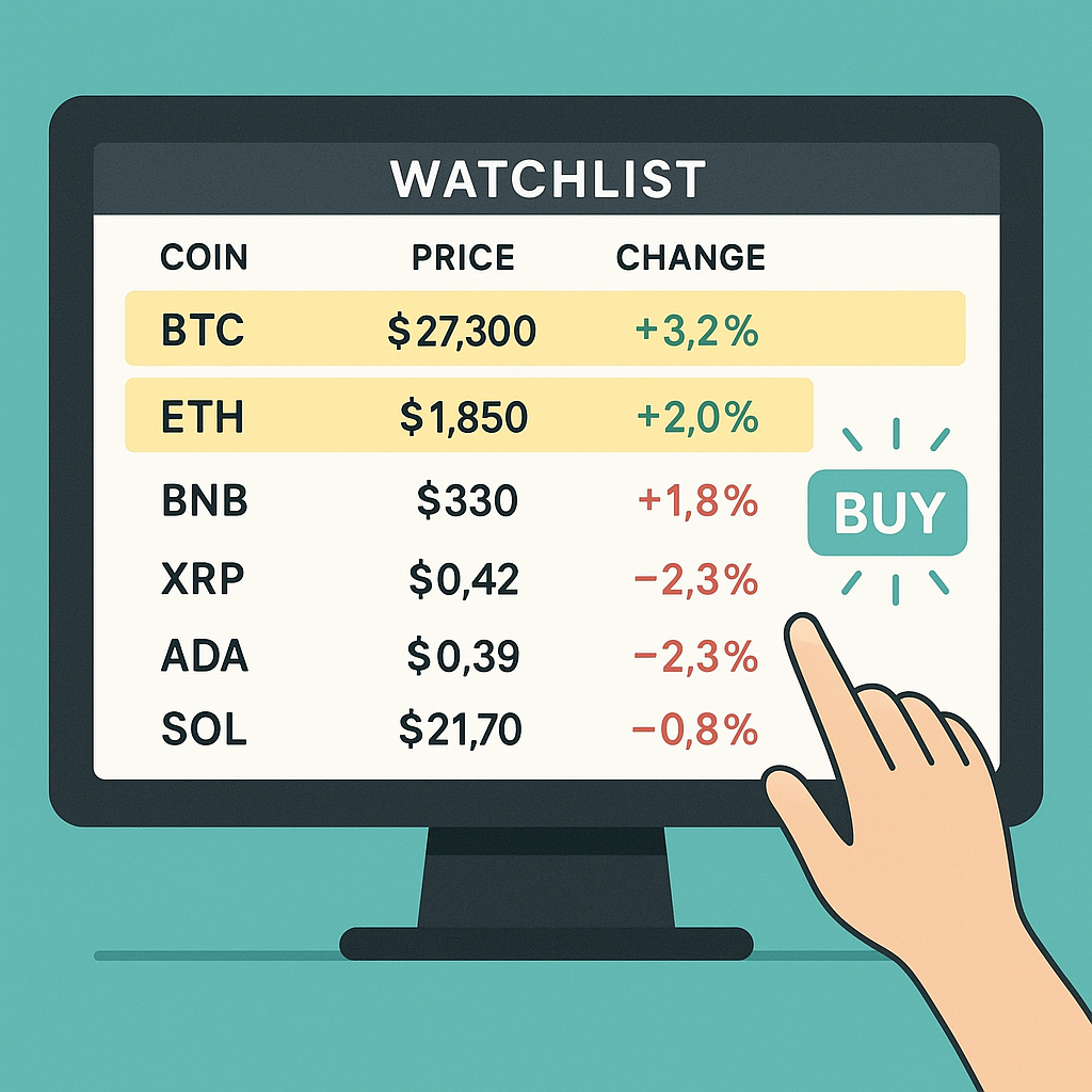 a digital watchlist of cryptocurrencies on a computer screen, with highlighted strong coins and a hand resisting to click on a flashing 'buy' button