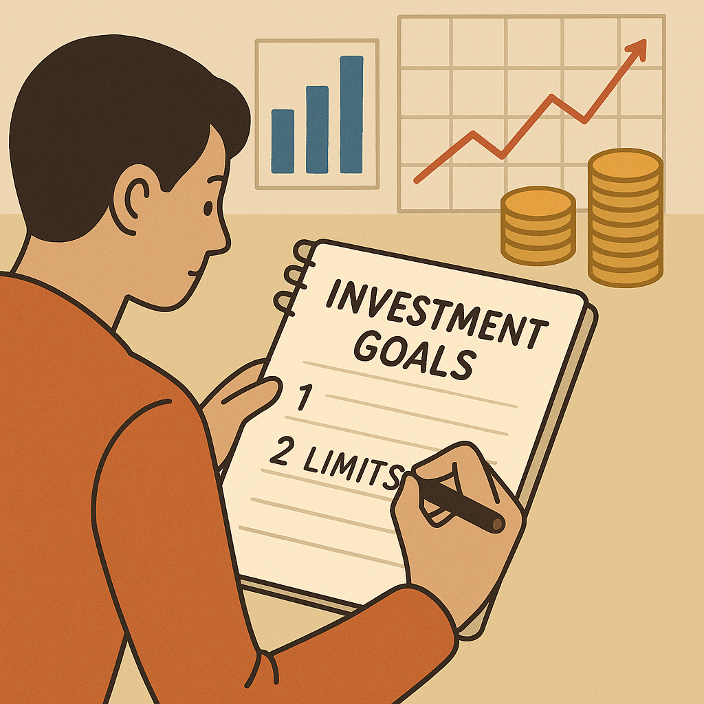 a person writing investment goals and limits on a notepad, with charts and coins in the background, focused and determined mood