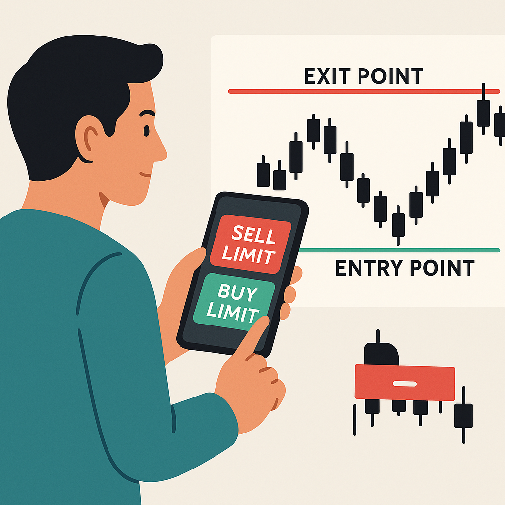 a trading app showing set buy and sell levels with limit orders, and a calm investor watching the screen, ignoring market noise