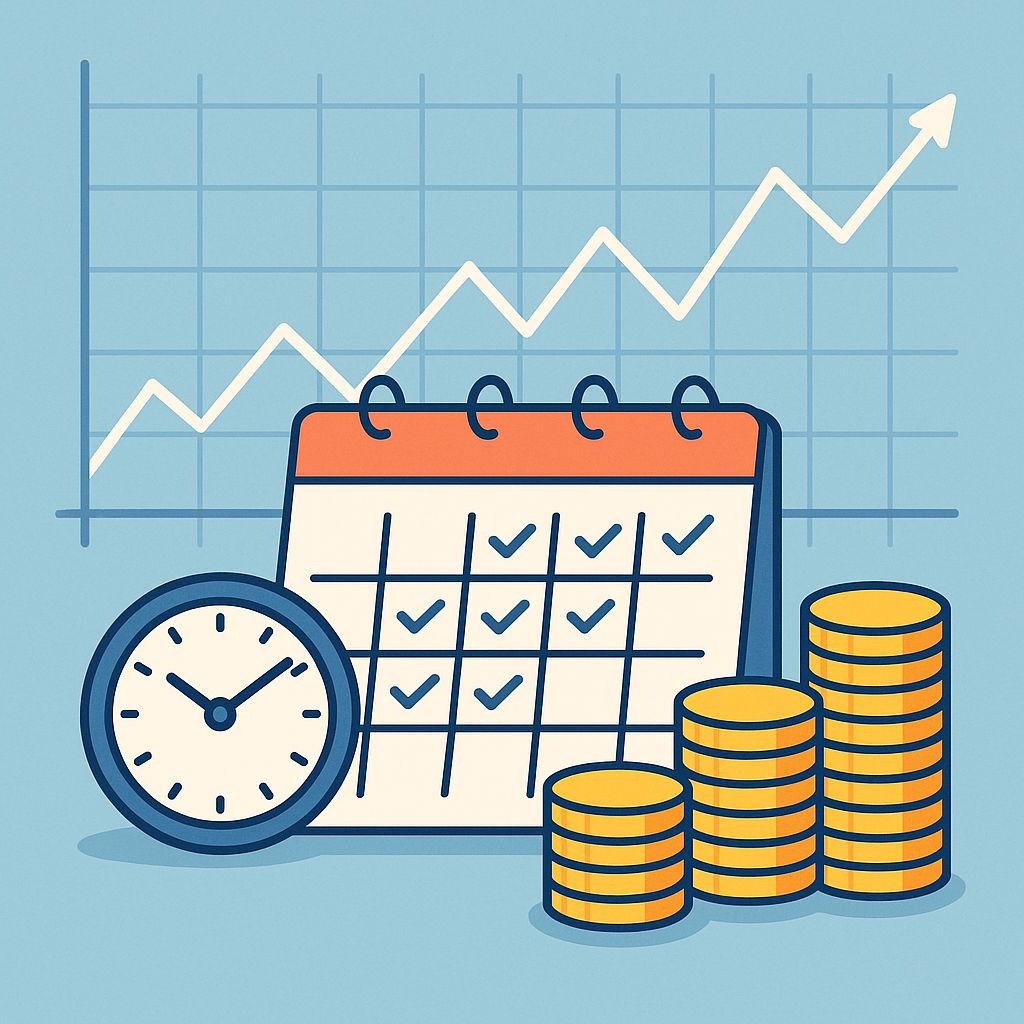a calendar with recurring dollar signs and stacks of coins growing steadily, symbolizing regular investments over time