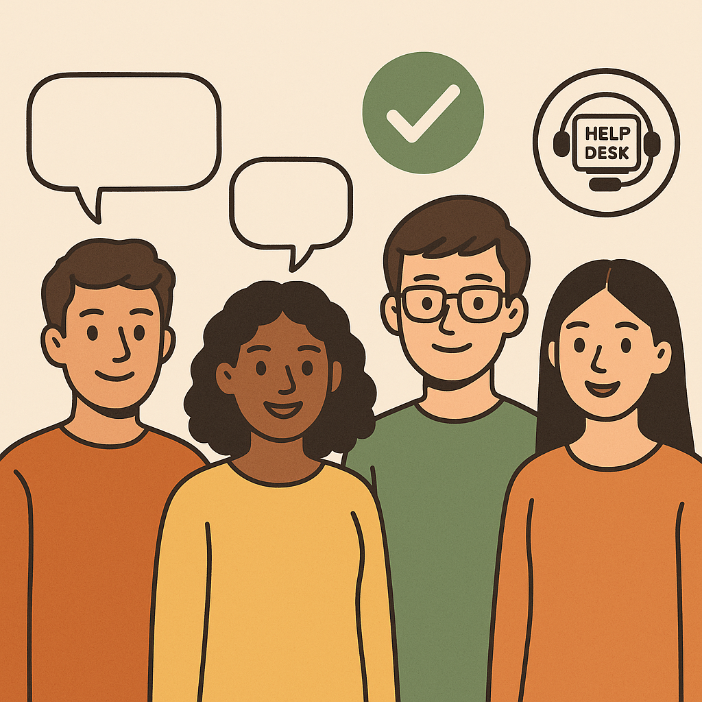 A group of diverse people with speech bubbles, a checkmark, and a help desk icon, friendly digital illustration