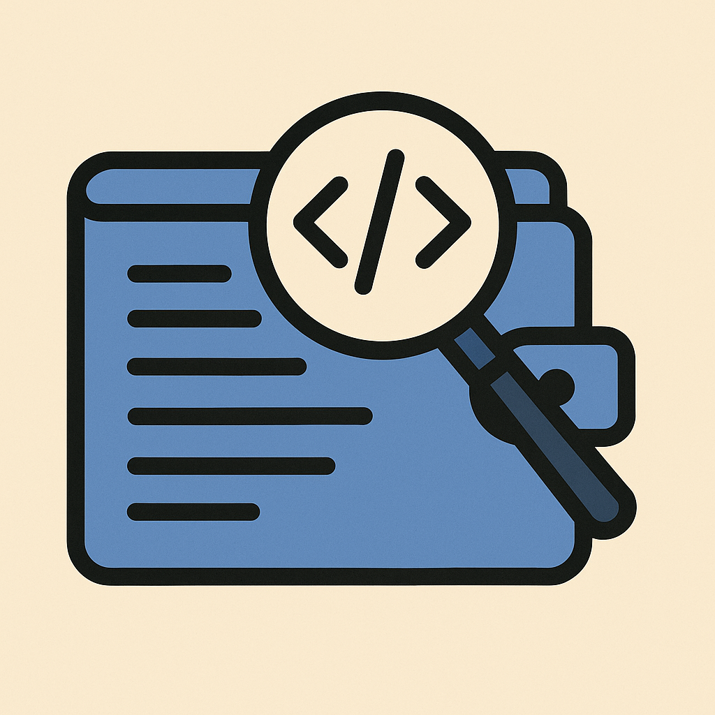 A magnifying glass inspecting computer code, with a padlock and open book, digital illustration