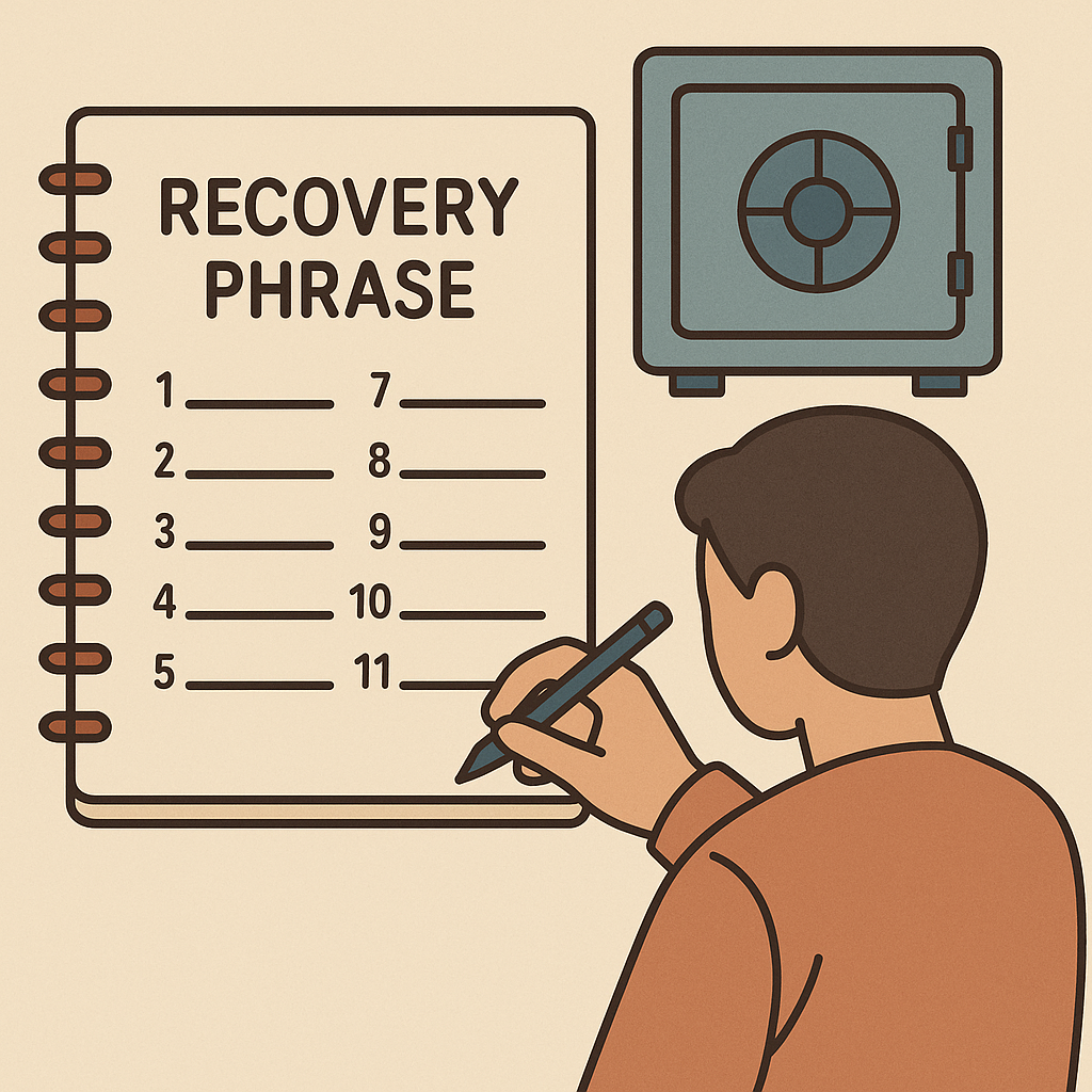 A notebook with a recovery phrase, a safe, and a person writing, digital art