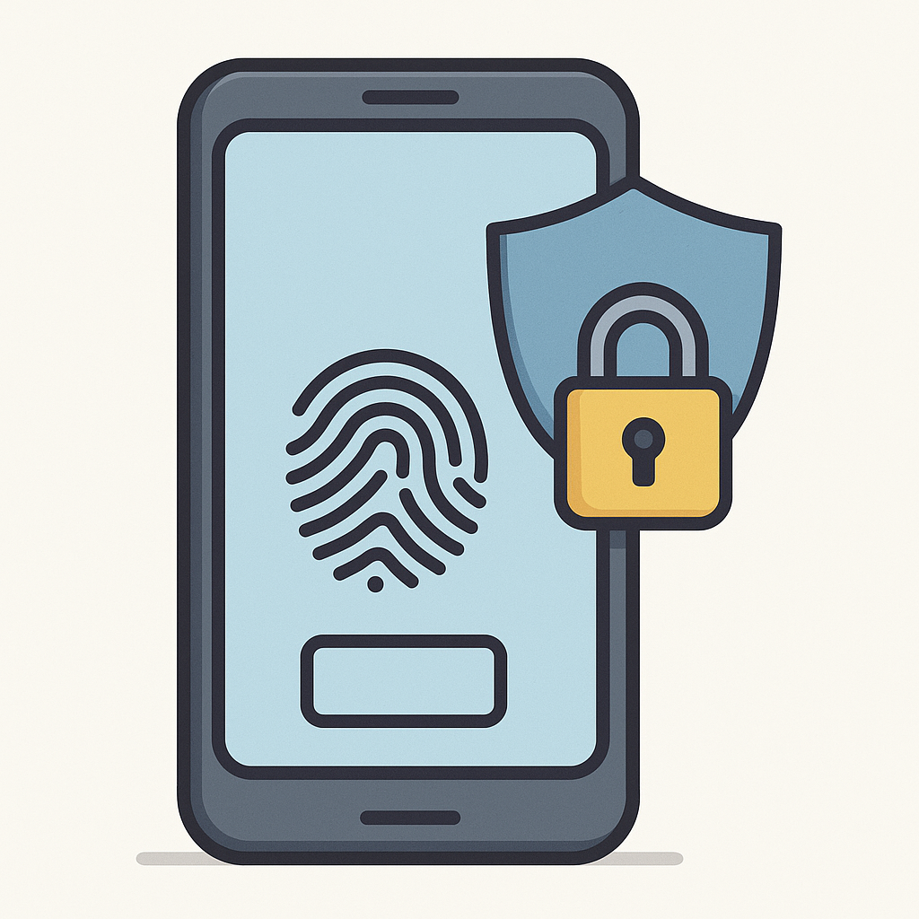 A smartphone with fingerprint scan, a shield, and a lock, modern digital style