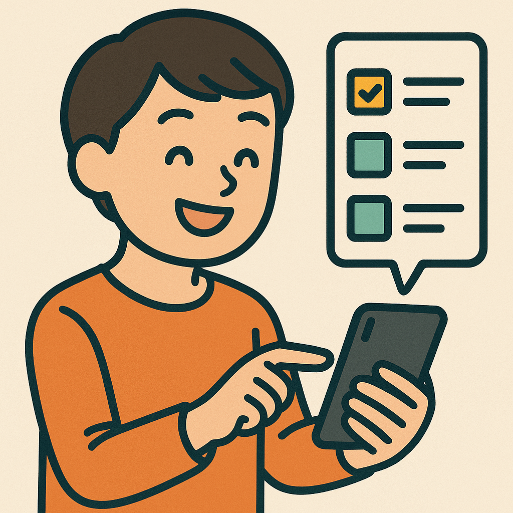 A smiling person easily navigating a simple app interface on a smartphone, digital art