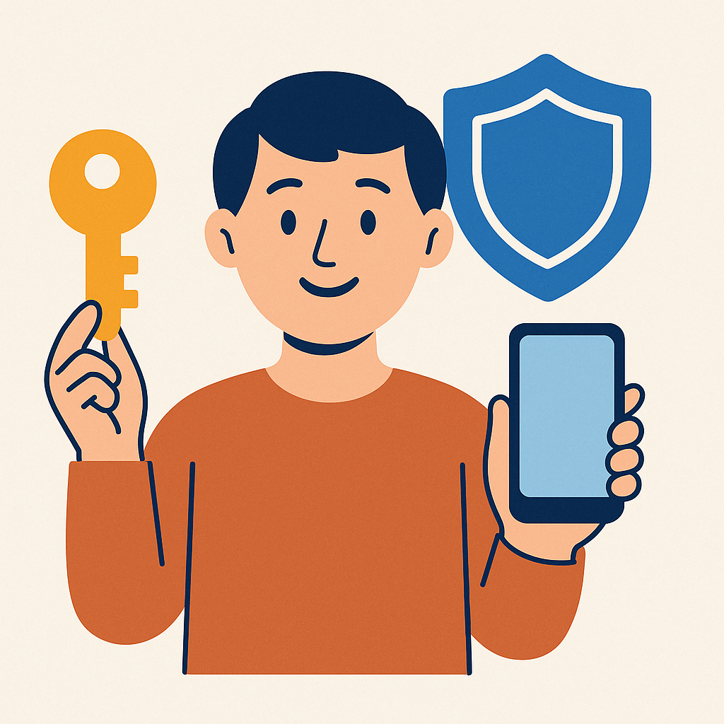 A friendly person holding a digital key and a smartphone, with a shield symbol in the background, digital art, approachable style